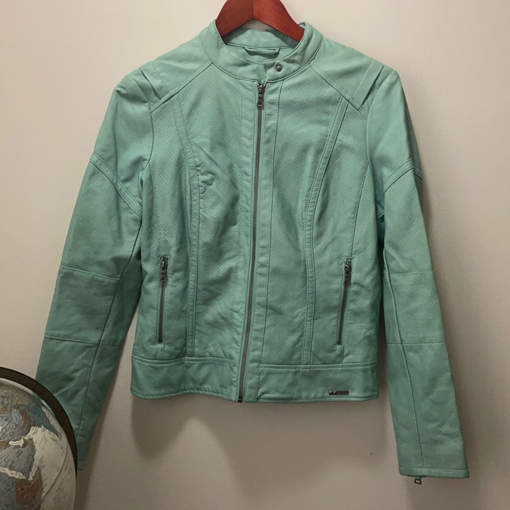 Sea Green Faux Leather Guess Moto Jacket